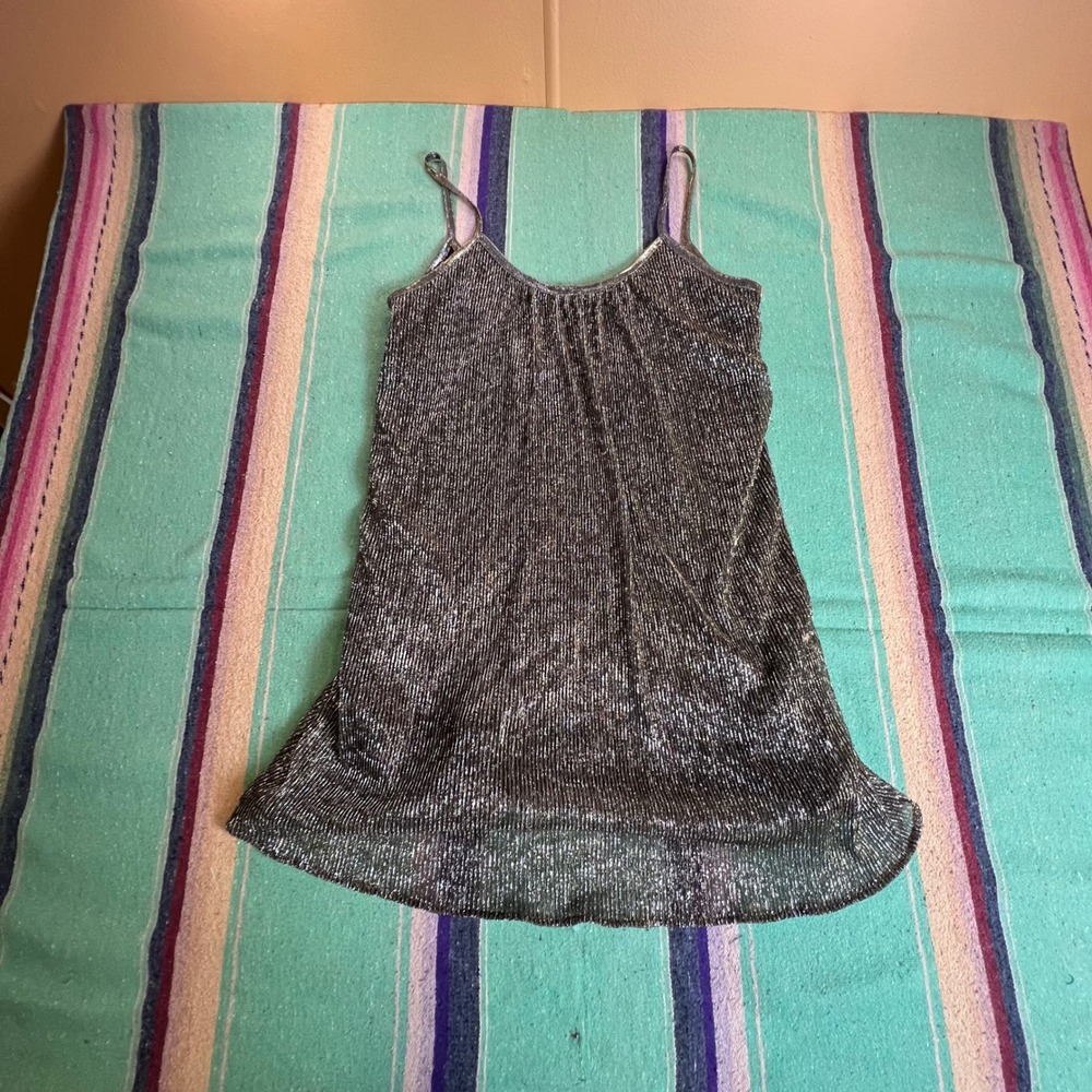 Lovemarks Cami Tank Top Womens Small Silver Metallic Pleated Shimmer Disco Party